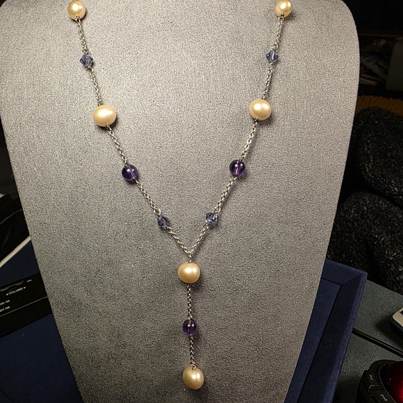 Danbury Mint 925 Amethyst & Freshwater Pearl Necklace Sterling Silver Y-Drop 269 - Picture 3 of 5